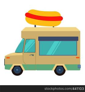 Food truck with hot dog icon. Cartoon illustration of food truck with hot dog vector icon for web. Food truck with hot dog icon, cartoon style