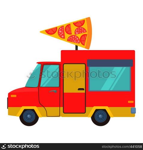 Food truck with slice of pizza icon. Cartoon illustration of food truck with slice of pizza vector icon for web. Food truck with slice of pizza icon, cartoon style