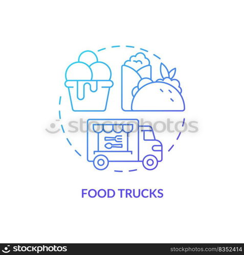 Food trucks blue gradient concept icon. Restaurant type abstract idea thin line illustration. Vehicle for cooking and selling snacks. Isolated outline drawing. Myriad Pro-Bold font used. Food trucks blue gradient concept icon