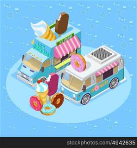 Food Trucks Isometric Composition Poster. Street food trucks isometric composition poster with ice cream van and donuts bus blue background vector illustration