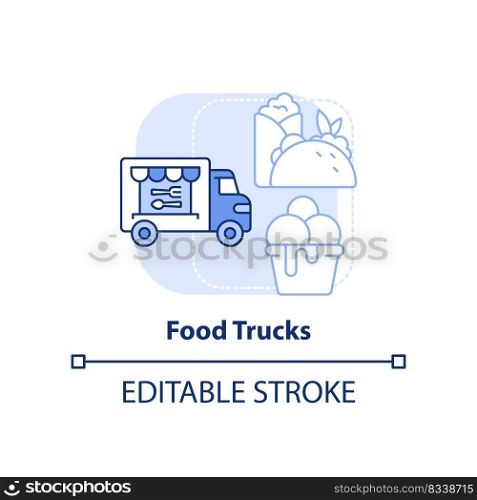 Food trucks light blue concept icon. Restaurant type abstract idea thin line illustration. Vehicle for selling snacks. Isolated outline drawing. Editable stroke. Arial, Myriad Pro-Bold fonts used. Food trucks light blue concept icon