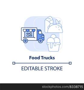 Food trucks light blue concept icon. Restaurant type abstract idea thin line illustration. Vehicle for selling snacks. Isolated outline drawing. Editable stroke. Arial, Myriad Pro-Bold fonts used. Food trucks light blue concept icon
