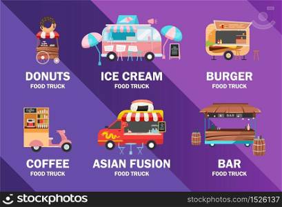 Food trucks poster vector template. Street food festival. Brochure, cover, booklet page concept design with flat illustrations. Ready meal vehicles. Advertising flyer, leaflet, banner layout idea