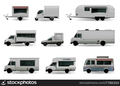 Food trucks realistic collection of isolated automobile images with trailer trucks and different car body design vector illustration. Food Trucks Realistic Set