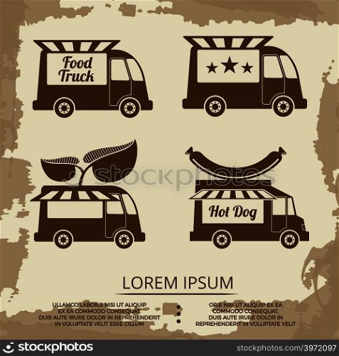 Food trucks set - vintage poster with food truck with sausage and star. Vector illustration. Food trucks set - vintage poster with food truck
