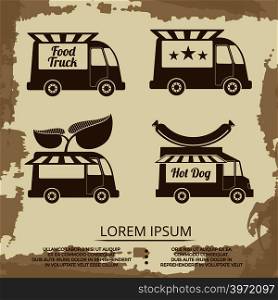 Food trucks set - vintage poster with food truck with sausage and star. Vector illustration. Food trucks set - vintage poster with food truck