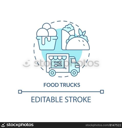 Food trucks turquoise concept icon. Restaurant type abstract idea thin line illustration. Vehicle for selling snacks. Isolated outline drawing. Editable stroke. Arial, Myriad Pro-Bold fonts used. Food trucks turquoise concept icon