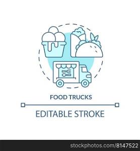 Food trucks turquoise concept icon. Restaurant type abstract idea thin line illustration. Vehicle for selling snacks. Isolated outline drawing. Editable stroke. Arial, Myriad Pro-Bold fonts used. Food trucks turquoise concept icon