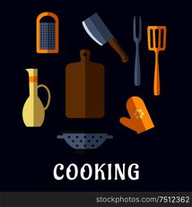 Food utensils and kitchenware flat icons with chopping board, cleaver knife, carving fork, spatula, grater, colander, oil jug and oven glove on blue background with text Cooking . Food utensils and kitchenware flat icons