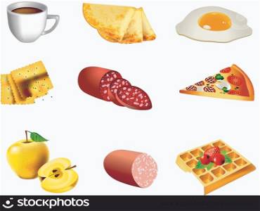 Food vector icon set - coffee, pancakes, eggs, cookies, salami, pizza, apples, sausage, waffles