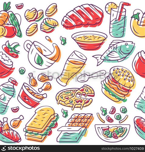 Food vector seamless pattern. Nutrition background. White texture, hand drawn color icons. Culinary semi-finished products. Pizza, burger. Fish and meat. Fast food wrapping paper, wallpaper design
