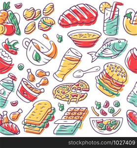 Food vector seamless pattern. Nutrition background. White texture, hand drawn color icons. Culinary semi-finished products. Pizza, burger. Fish and meat. Fast food wrapping paper, wallpaper design