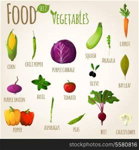 Food vegetables doodle set of corn squash cabbage carrot vector illustration