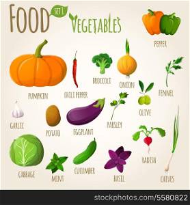 Food vegetables doodle set of pepper pumpkin broccoli onion fennel garlic vector illustration