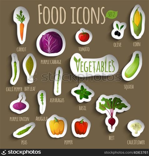 Food vegetables doodle stickers set of carrot pepper onion peas asparagus squash vector illustration