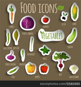 Food vegetables doodle stickers set of carrot pepper onion peas asparagus squash vector illustration