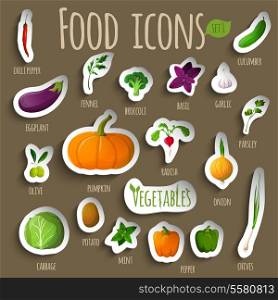 Food vegetables doodle stickers set of chili pepper eggplant fennel olive cabbage vector illustration