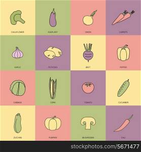 Food vegetables flat line set of cauliflower onion carrot isolated vector illustration
