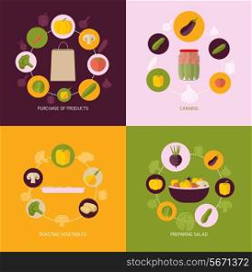 Food vegetables flat set of products purchase canning roasting preparing salad isolated vector illustration