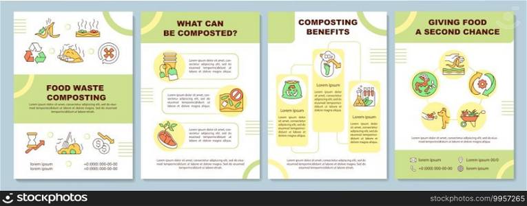 Food waste composting brochure template. What can be composted. Flyer, booklet, leaflet print, cover design with linear icons. Vector layouts for magazines, annual reports, advertising posters. Food waste composting brochure template