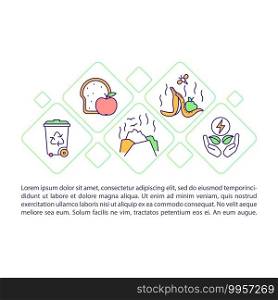Food waste concept icon with text. Food loss in agriculture. Problems with organic waste. PPT page vector template. Brochure, magazine, booklet design element with linear illustrations. Food waste concept icon with text
