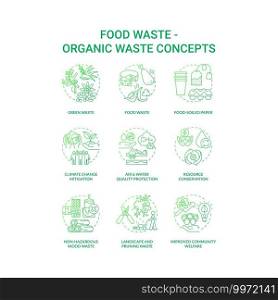 Food waste concept icons set. Organic waste idea thin line RGB color illustrations. Food-soiled paper. Landscape and pruning. Air, water quality protection. Vector isolated outline drawings. Food waste concept icons set