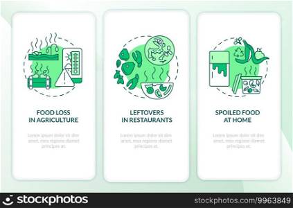 Food waste kinds onboarding mobile app page screen with concepts. Agricultural loss, leftovers walkthrough 3 steps graphic instructions. UI vector template with RGB color illustrations. Food waste kinds onboarding mobile app page screen with concepts