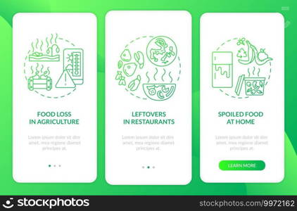 Food waste sorts onboarding mobile app page screen with concepts. Cafe leftovers, spoiled food walkthrough 3 steps graphic instructions. UI vector template with RGB color illustrations. Food waste sorts onboarding mobile app page screen with concepts