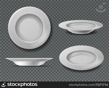 Food white plate. Empty plate top view dish bowl side view kitchen meal breakfast ceramic cooking porcelain isolated vector set. Food white plate. Empty plate top view dish bowl side view kitchen breakfast ceramic cooking porcelain isolated set
