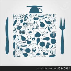 Food4. Foodstuff in a square a plug and a knife. A vector illustration