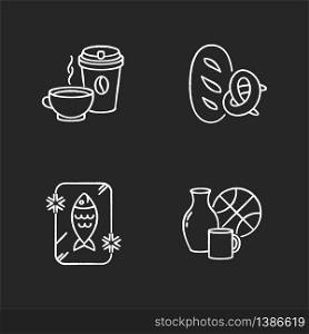 Foods and goods chalk white icons set on black background. Coffee in disposable cup. Black tea in mug. Bread loaf, baked pretzel. Frozen fish. Isolated vector chalkboard illustrations. Foods and goods chalk white icons set on black background