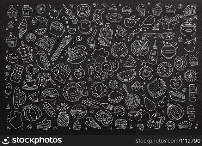 Foods doodles hand drawn chalkboard vector symbols and objects. Foods doodles hand drawn chalkboard vector symbols