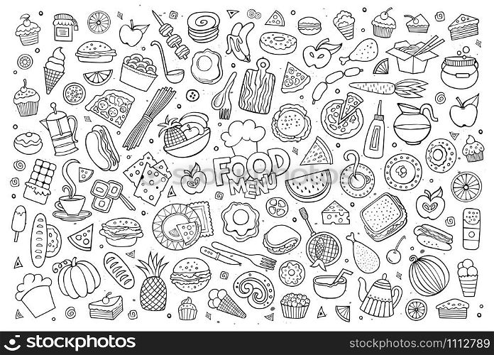 Foods doodles hand drawn sketchy vector symbols and objects. Foods doodles hand drawn sketchy vector symbols