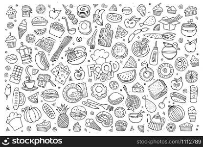 Foods doodles hand drawn sketchy vector symbols and objects. Foods doodles hand drawn sketchy vector symbols