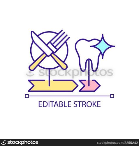 Foods for healthy teeth RGB color icon. Promoting good dental health. Strengthening enamel with nutrition. Isolated vector illustration. Simple filled line drawing. Editable stroke. Arial font used. Foods for healthy teeth RGB color icon