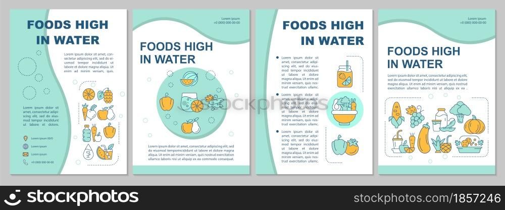 Foods high in water blue brochure template. Fruits, vegetables. Flyer, booklet, leaflet print, cover design with linear icons. Vector layouts for presentation, annual reports, advertisement pages. Foods high in water blue brochure template