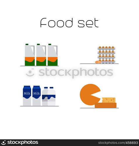 Foods market milk and eggs flat icons set. Vector illustration. Foods market milk and eggs icons