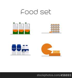 Foods market milk and eggs flat icons set. Vector illustration. Foods market milk and eggs icons