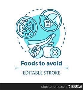 Foods to avoid concept icon. Keto diet idea thin line illustration. Ketogenic food menu. Forbidden meal. Balanced nutrition. Healthcare, lifestyle. Vector isolated outline drawing. Editable stroke