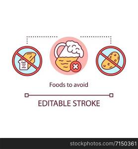 Foods to avoid concept icon. Keto diet idea thin line illustration. Ketogenic nutrition. Forbidden food and drink. Healthcare, healthy lifestyle. Vector isolated outline drawing. Editable stroke