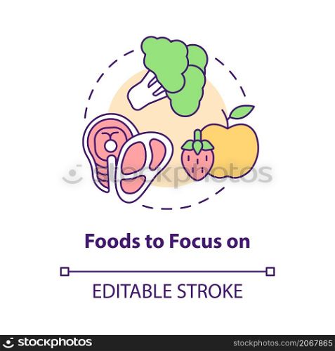 Foods to focus on concept icon. Choose products for diet. Fitness lifestyle abstract idea thin line illustration. Isolated outline drawing. Editable stroke. Roboto-Medium, Myriad Pro-Bold fonts used. Foods to focus on concept icon