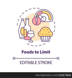 Foods to limit concept icon. Avoid unhealthy products for wellness abstract idea thin line illustration. Isolated outline drawing. Editable stroke. Roboto-Medium, Myriad Pro-Bold fonts used. Foods to limit concept icon