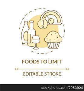 Foods to limit yellow concept icon. Avoid unhealthy products abstract idea thin line illustration. Isolated outline drawing. Editable stroke. Roboto-Medium, Myriad Pro-Bold fonts used. Foods to limit yellow concept icon