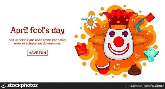 Fools day banner horizontal concept clown. Cartoon illustration of fools day clown banner horizontal vector for web. Fools day banner horizontal clown, cartoon style