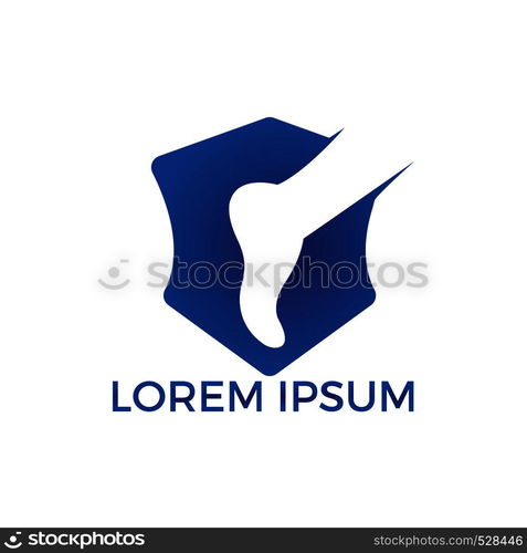 Foot and ankle podiatry vector logo design. Foot with Shield and medical cross logo template. Foot care and massage logo design.