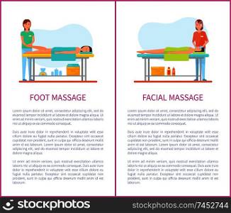 Foot and facial medical massage session cartoon vector set. Masseur in uniform and patient lying on table covered with towel, pleasant treatment theme. Foot and Facial Medical Massage Cartoon Vector Set