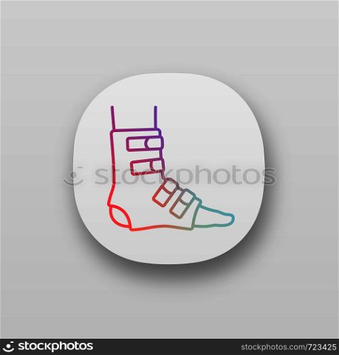 Foot ankle brace app icon. Foot orthosis. Leg brace. Adjustable ankle joint bandage. UI/UX user interface. Joint pain relief, muscle sprain treatment. Web application. Vector isolated illustration. Foot ankle brace app icon