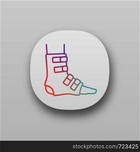 Foot ankle brace app icon. Foot orthosis. Leg brace. Adjustable ankle joint bandage. UI/UX user interface. Joint pain relief, muscle sprain treatment. Web application. Vector isolated illustration. Foot ankle brace app icon
