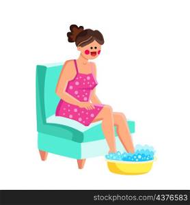 Foot Bath Therapeutical Procedure Make Girl Vector. Young Woman Foot Bath In Beauty Salon, Making Hygiene Purity Treatment. Character Relaxing And Bathing Legs Flat Cartoon Illustration. Foot Bath Therapeutical Procedure Make Girl Vector