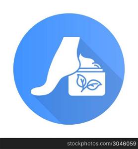 Foot cream jar blue flat design long shadow glyph icon. Moisturizing, soothing lotion. Skincare product. Footcare. Paraben free. Dry skin solution. Organic cosmetics. Vector silhouette illustration